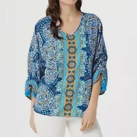 Belle by Kim Gravel Medallion Ruched-Sleeve Blouse - Picture 1 of 7